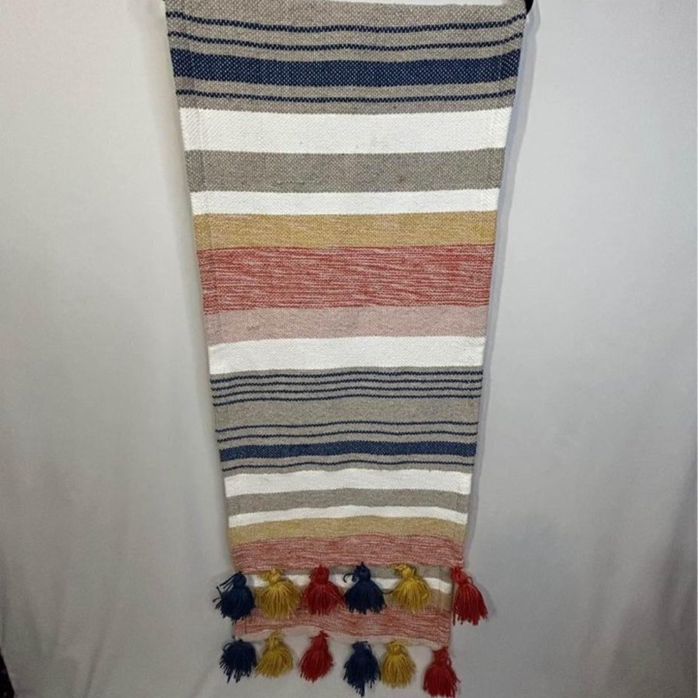 Table runner! Weave with pom poms. Anthropology vibes. 82".